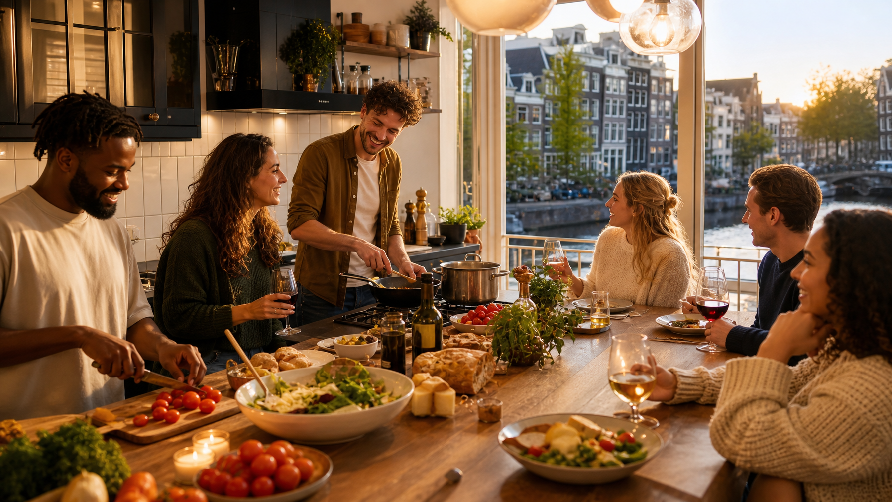 Group dinner in an Amsterdam vacation rental kitchen after race day