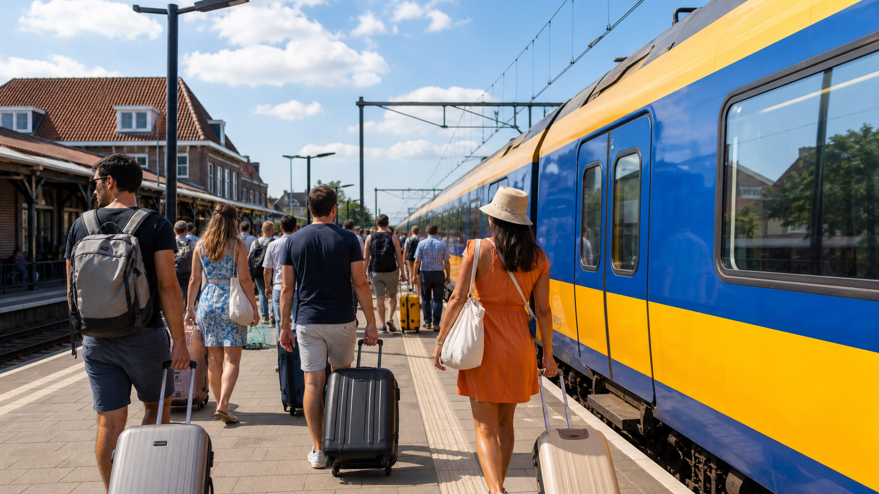 Fans with luggage on a Dutch train platform heading to Zandvoort
