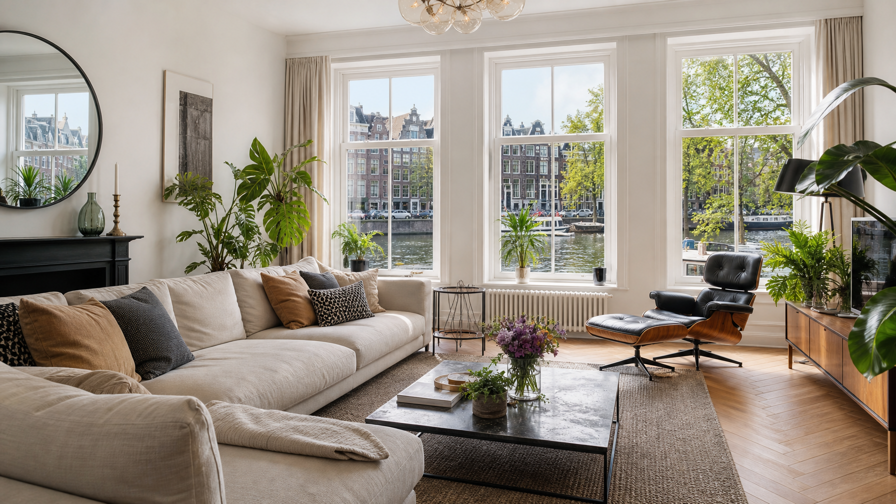 Amsterdam canal apartment rental living room with large windows