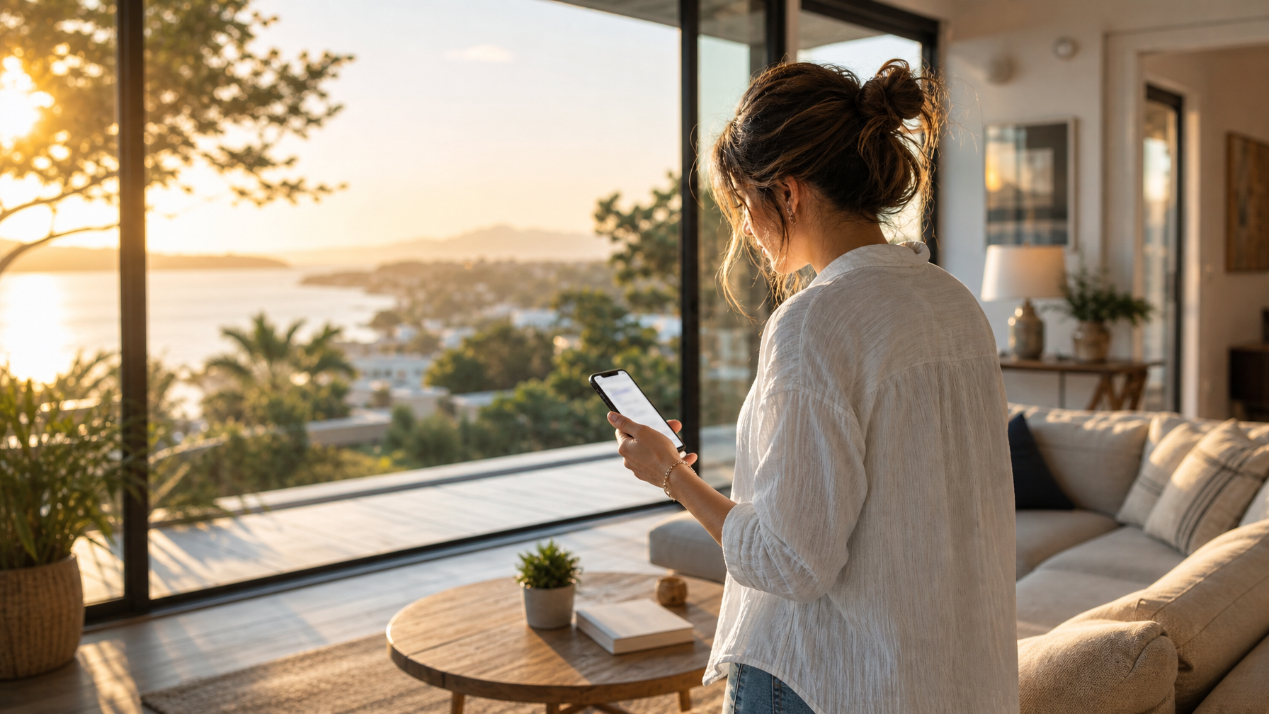 Traveler comparing vacation rental listings on a phone in a bright living room