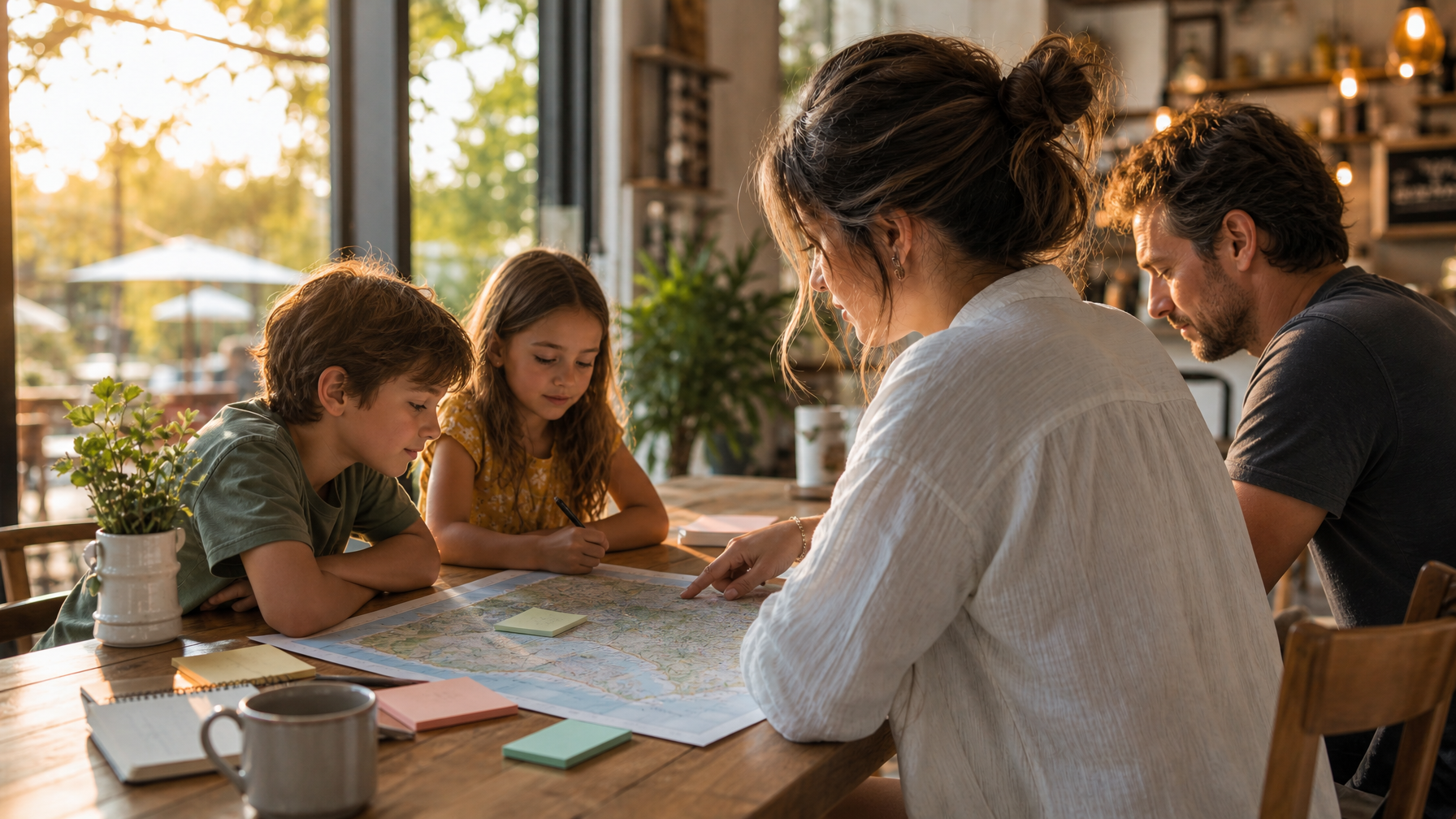 Family planning a vacation rental budget at a kitchen table