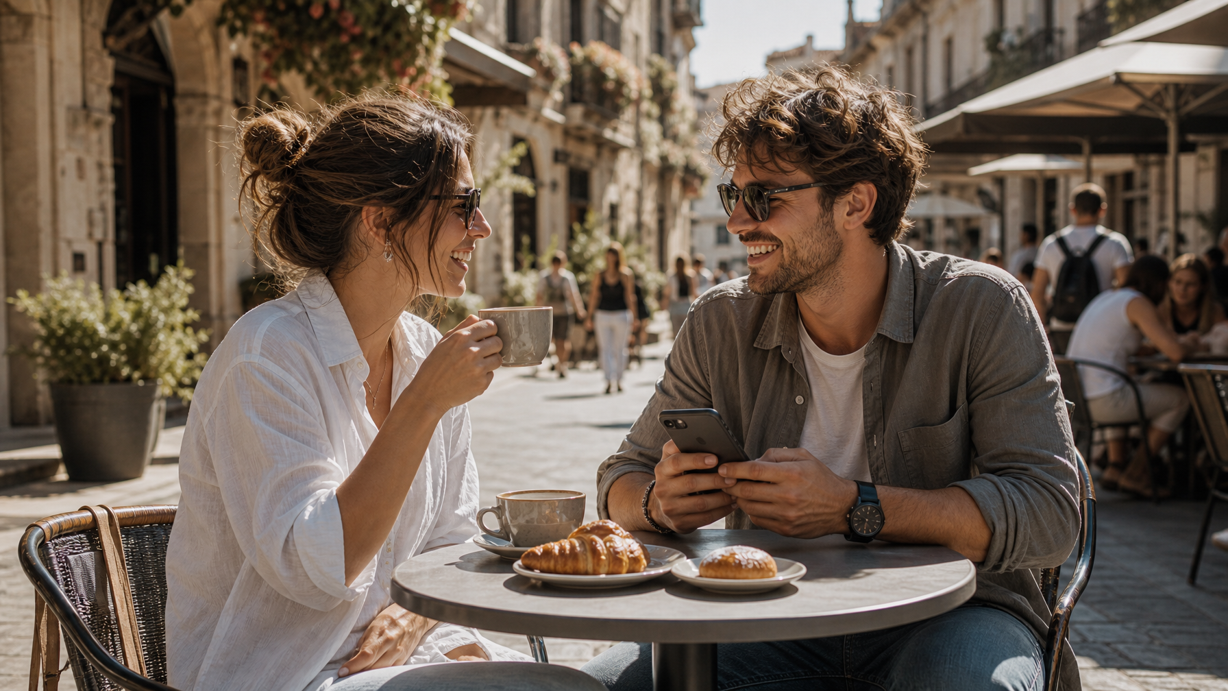 Travelers enjoying a cafe stop with budget left after fee-free booking