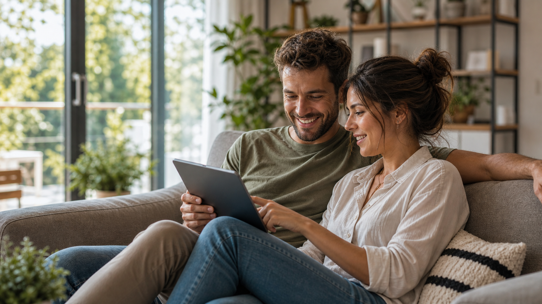 Couple booking a vacation rental directly on a tablet