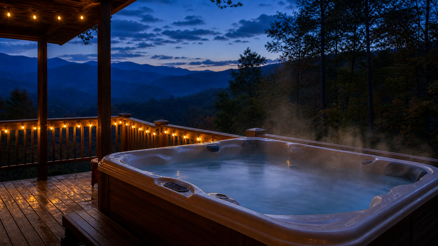 Gatlinburg cabin deck hot tub with forest views at dusk