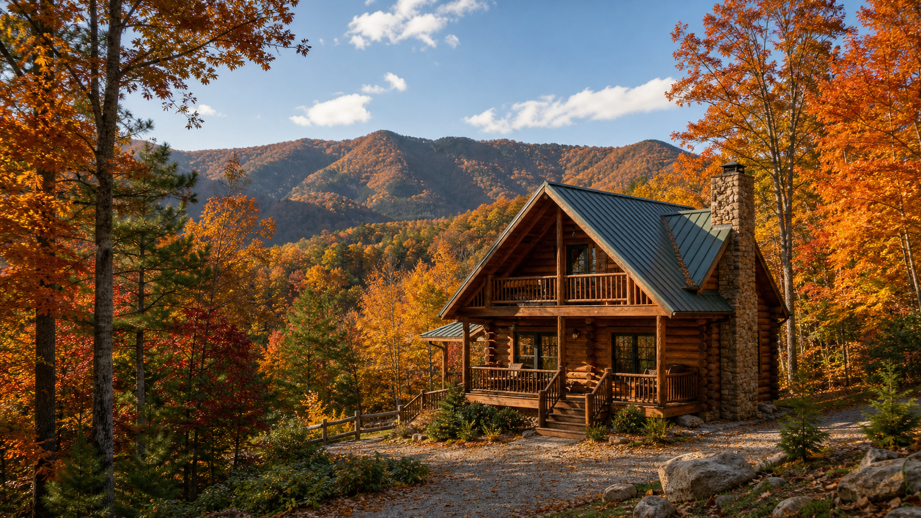 Smoky Mountains cabin exterior surrounded by fall foliage