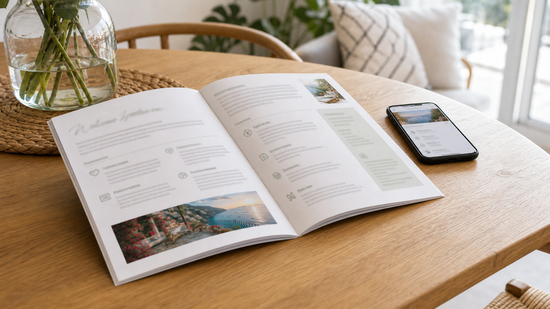 Open vacation rental welcome booklet with soft layout blocks on a wooden table beside a phone