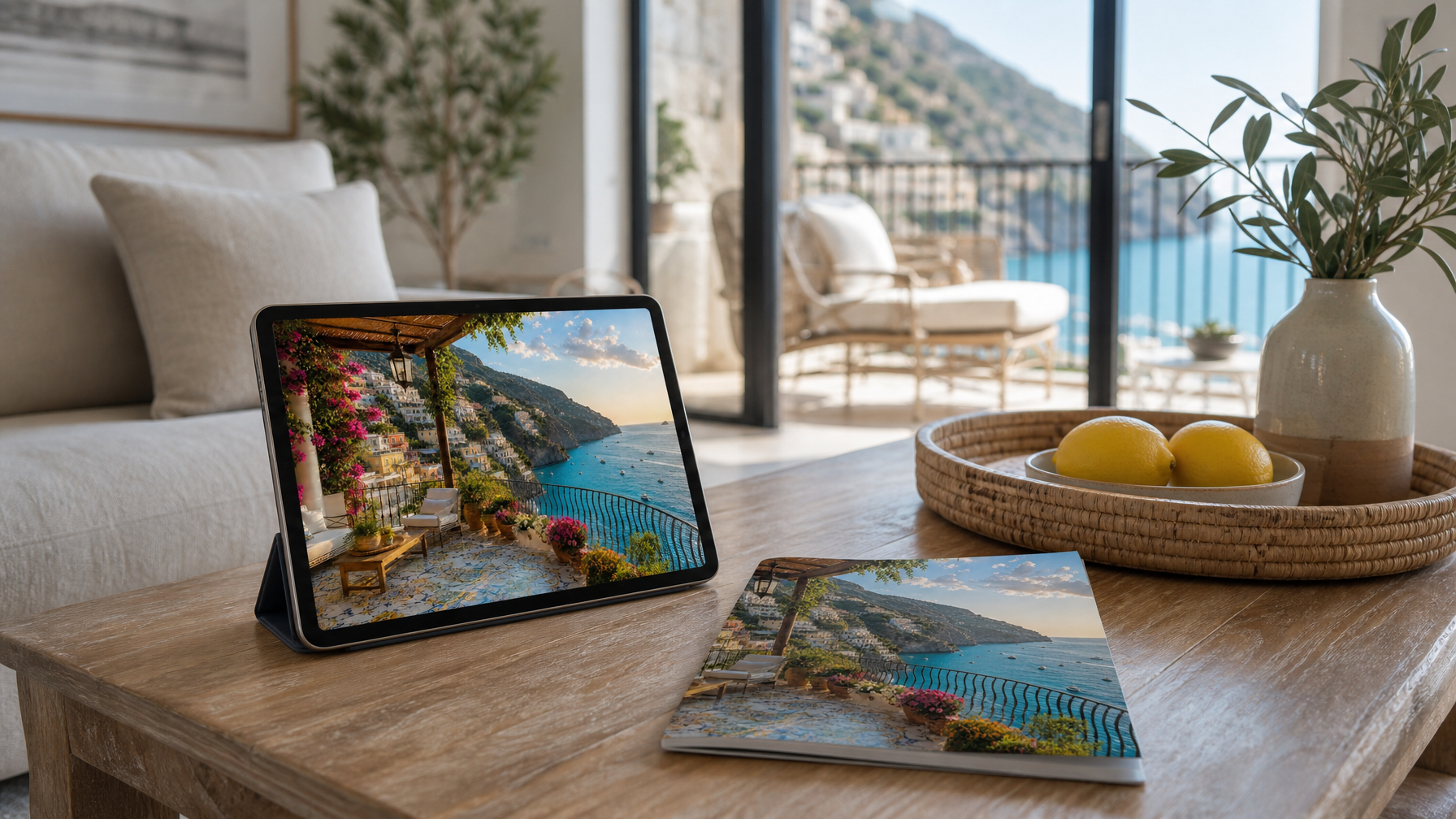 Digital vacation rental welcome guide on a tablet beside a printed booklet