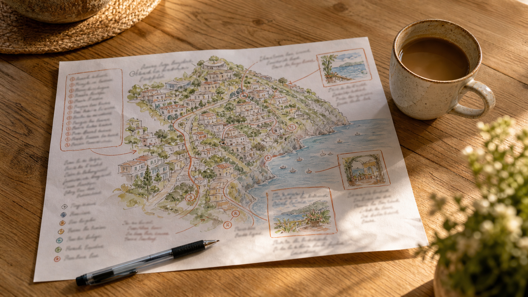 Host handwritten local tips neighborhood map with coffee cup for vacation rental guests