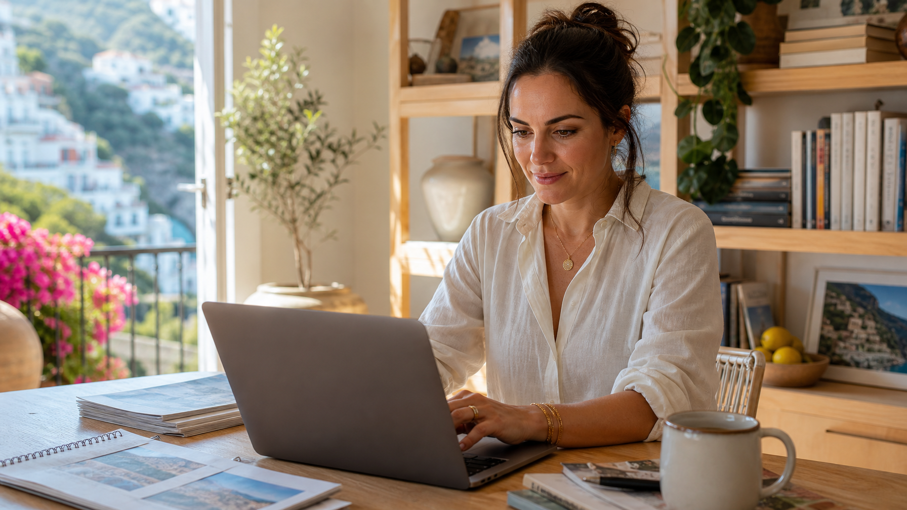 Female vacation rental host updating welcome book PDF on a laptop in a bright home office