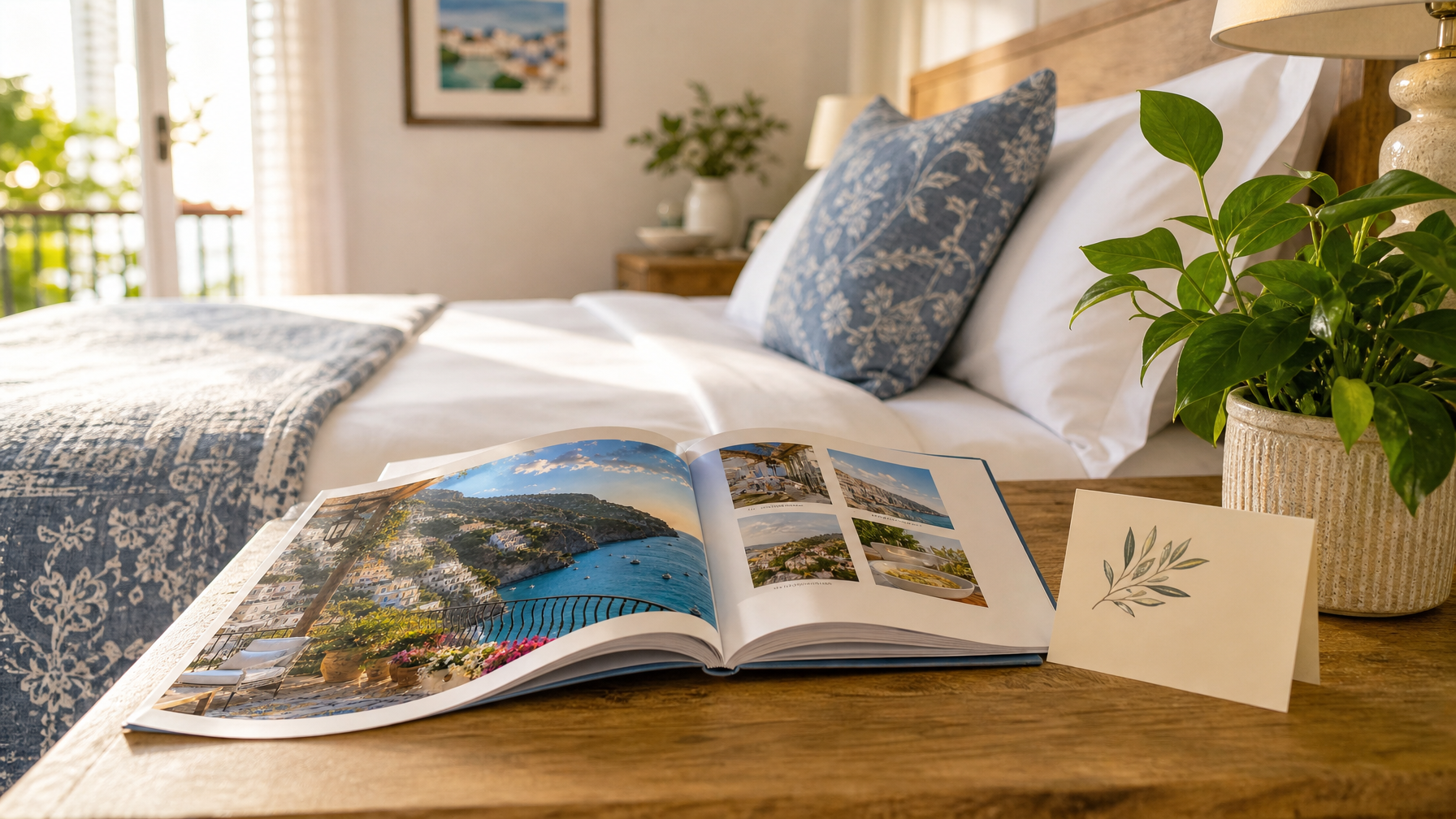 Open vacation rental welcome book on a bedside table with note card and plant
