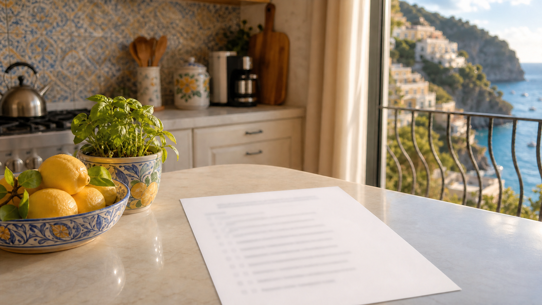 Checkout checklist page concept on a vacation rental kitchen counter