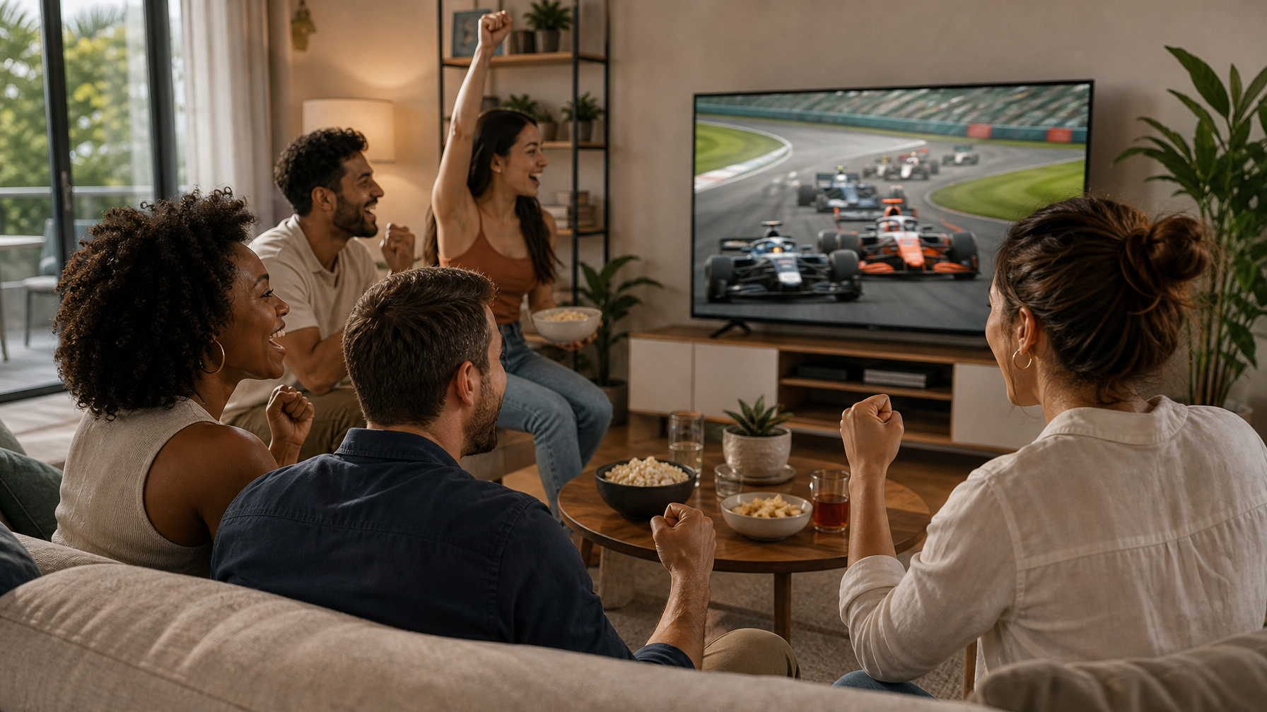 Guests watching a race replay in a vacation rental living room