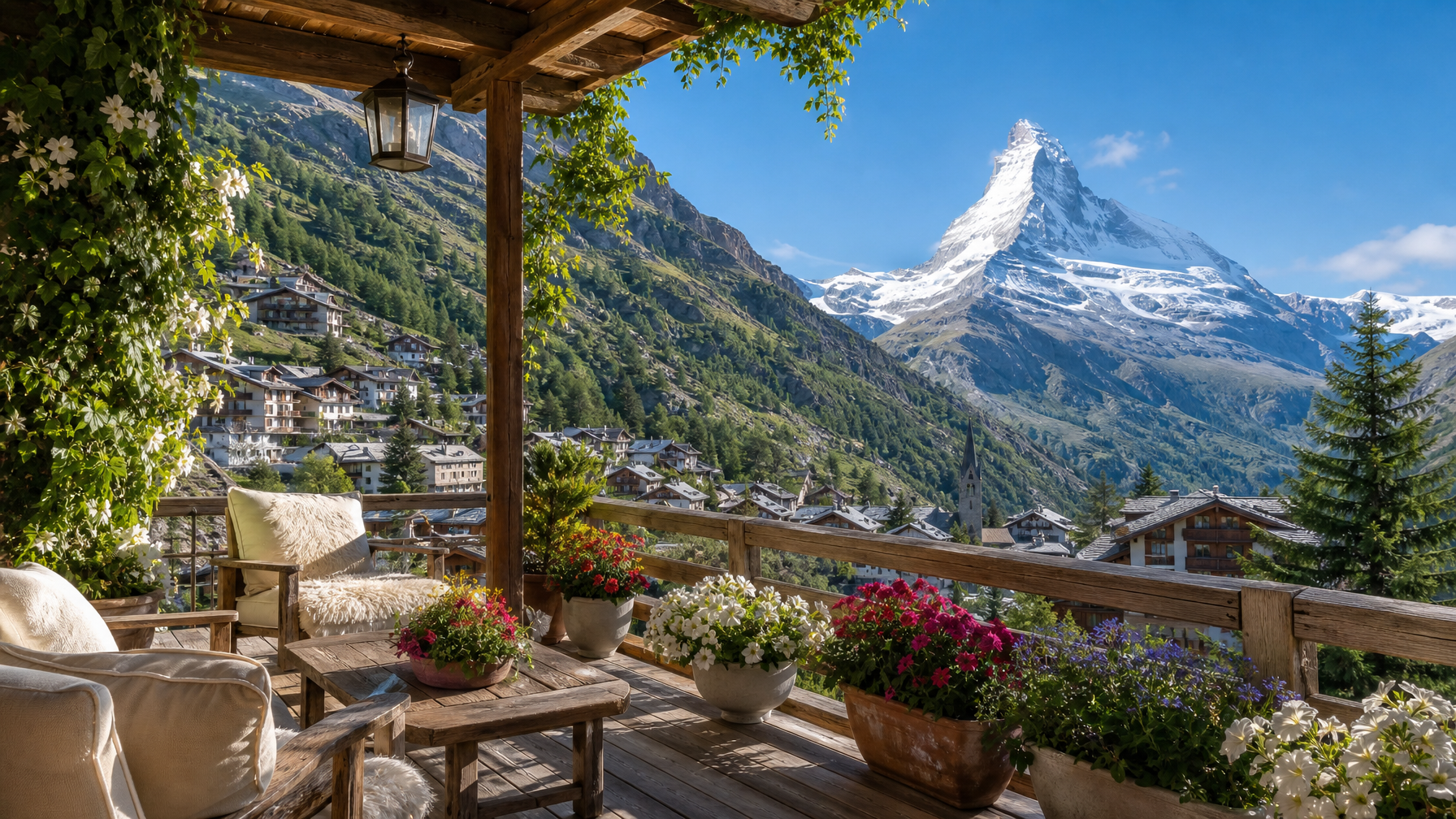 Zermatt chalet terrace with Matterhorn view Swiss Alps vacation rental 2026