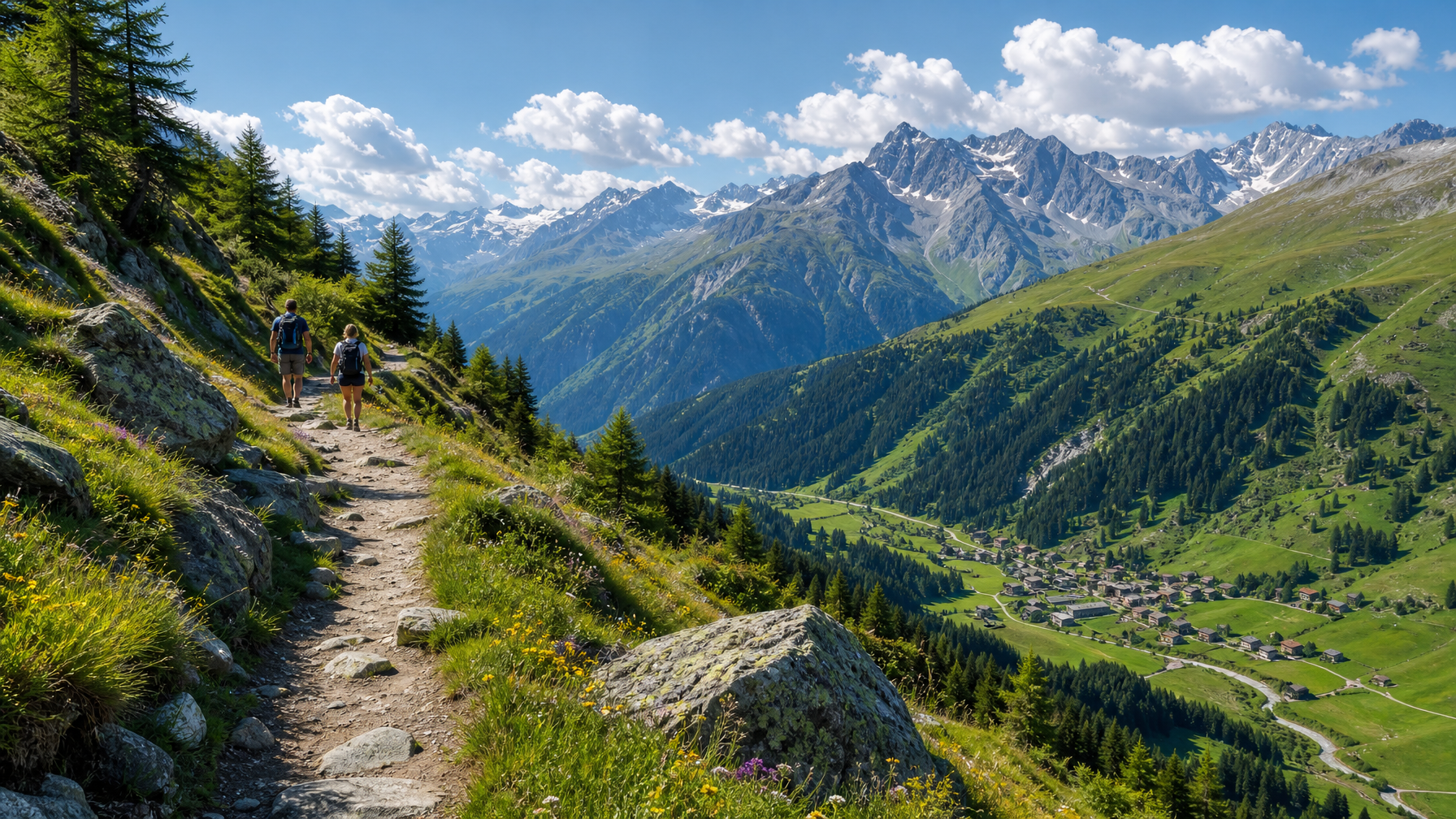Summer hiking trail above a Swiss alpine village near vacation rentals