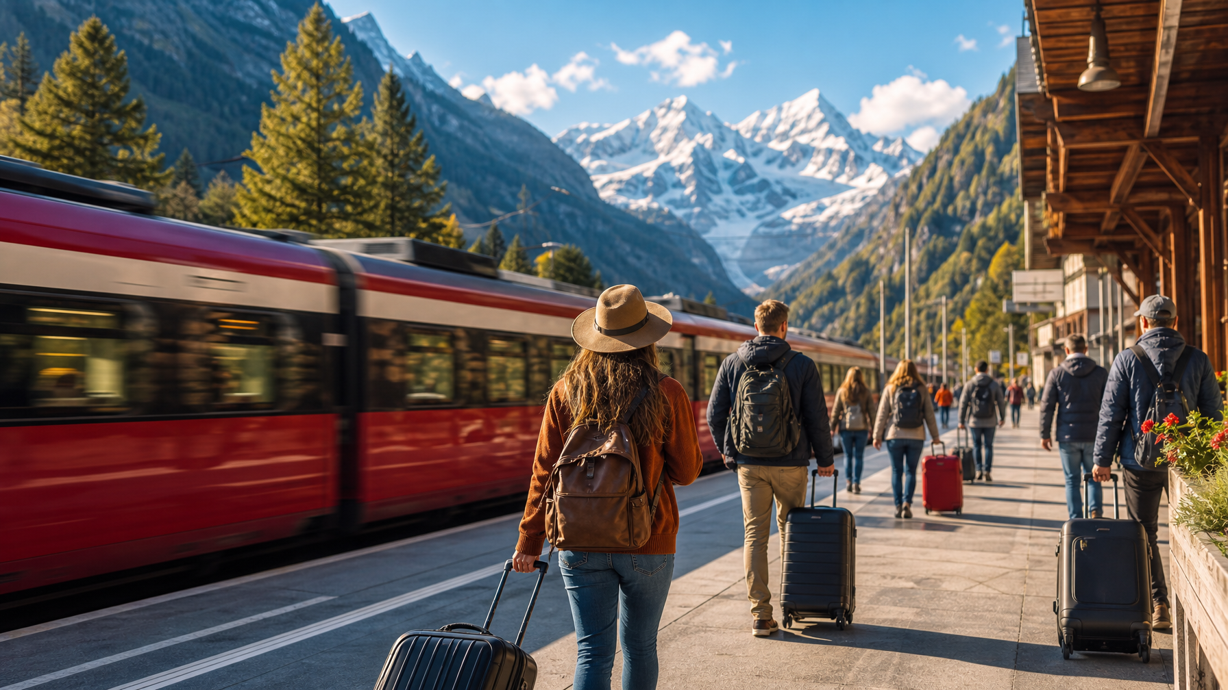 Travelers with luggage at a Swiss alpine train station for vacation rental arrival 2026