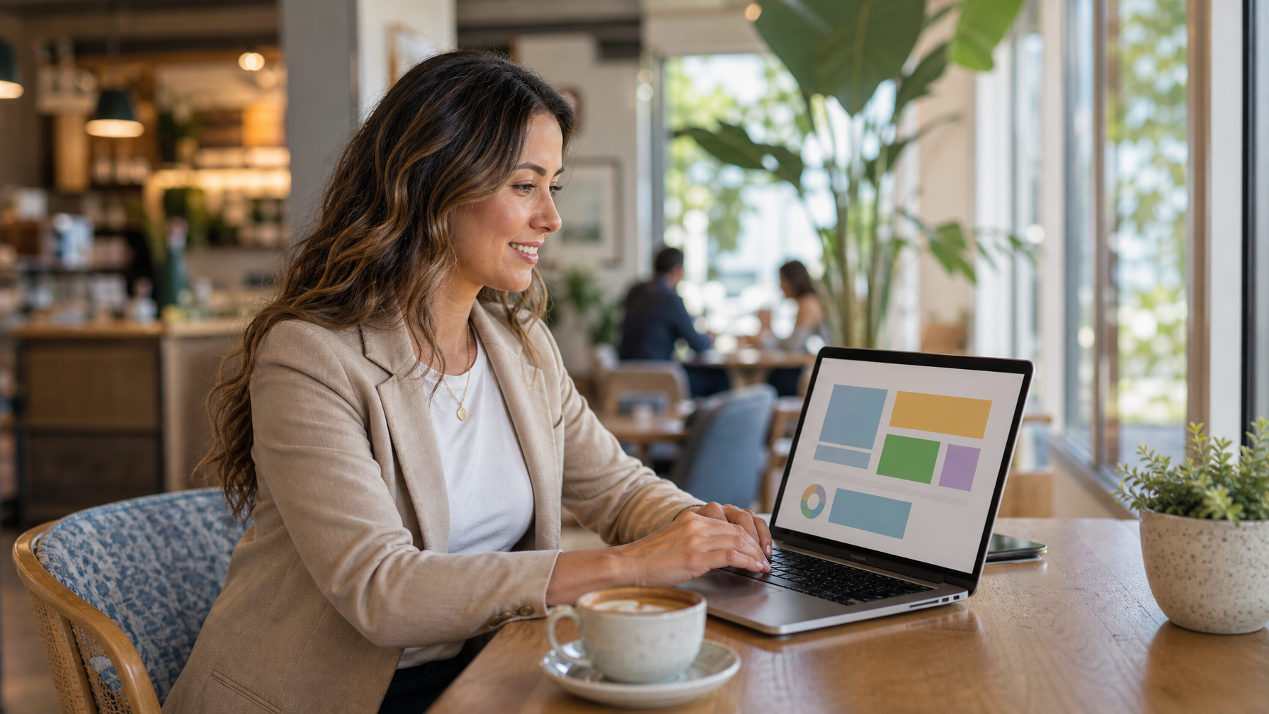 Host reviewing email campaign click stats with coffee