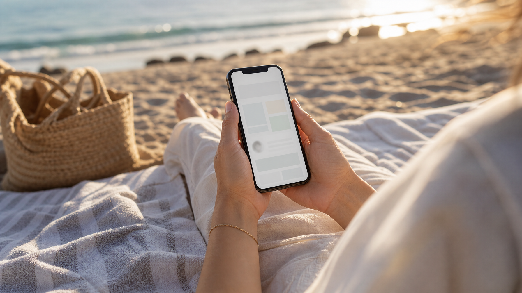 Guest reading a host newsletter on a phone at the beach