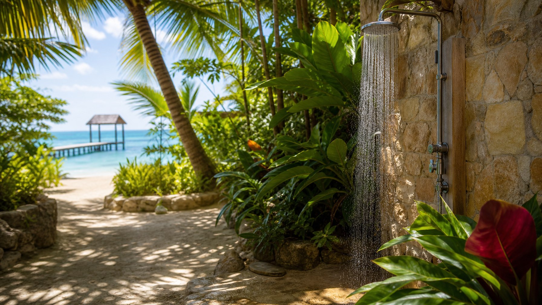 Outdoor shower at a Belize vacation rental under palms