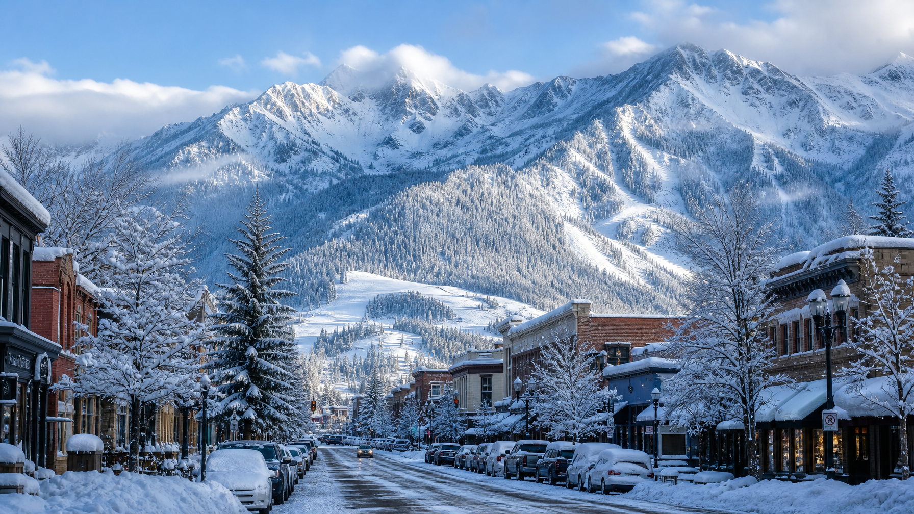 Elegant snow-covered Aspen Colorado mountain town street with dramatic white peaks for ski vacation rentals
