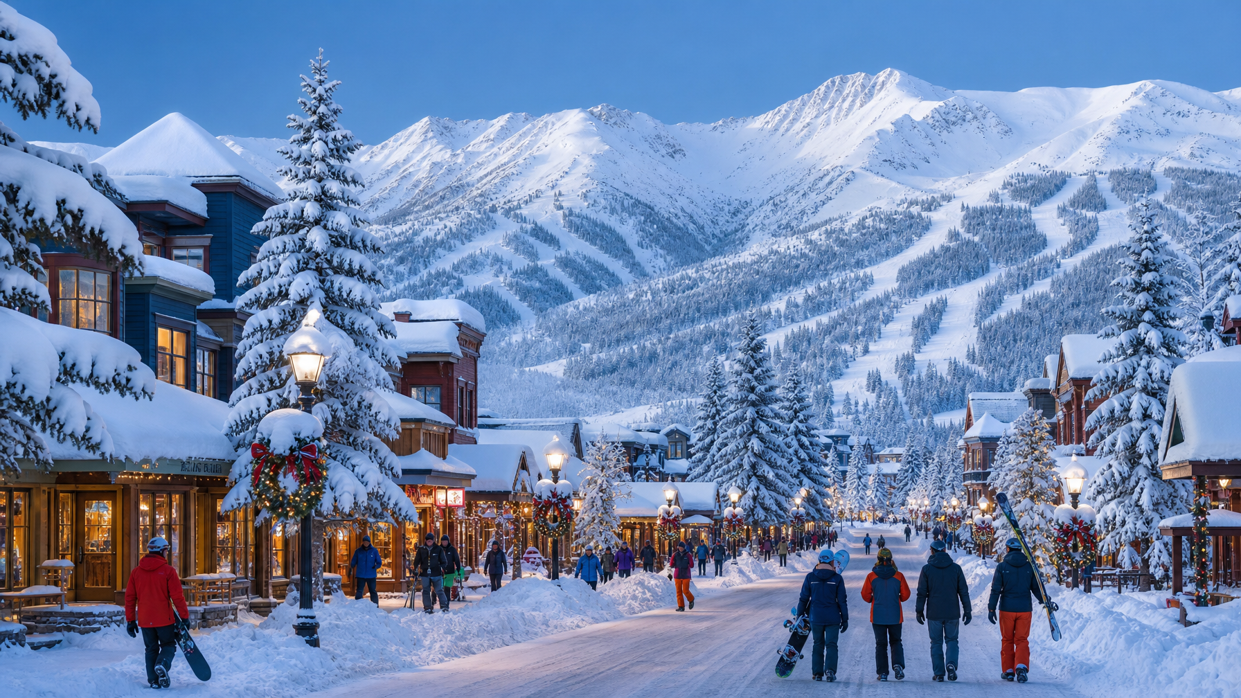 Snowy Breckenridge Colorado Main Street with ski mountain backdrop and winter shop lights for Colorado Rockies ski town vacation rentals