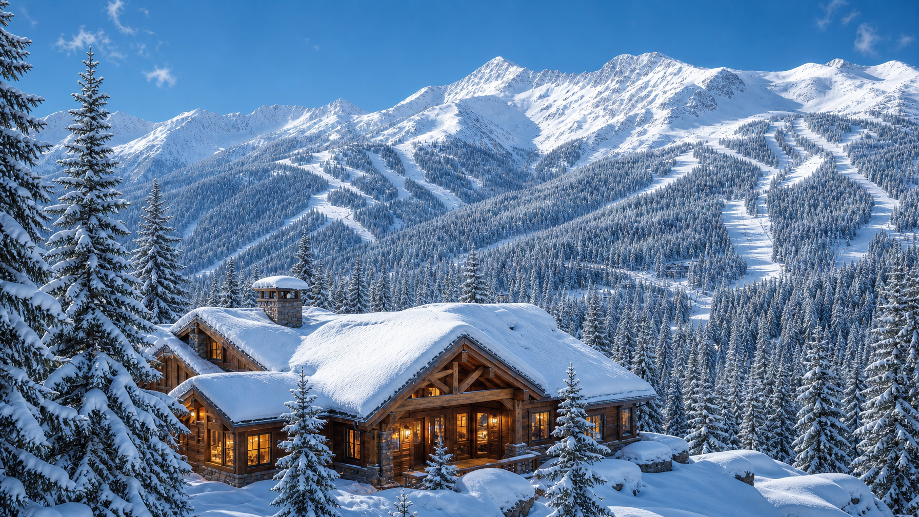 Luxury timber and stone ski chalet under heavy snow with white ski mountain behind for Vail Colorado vacation rentals