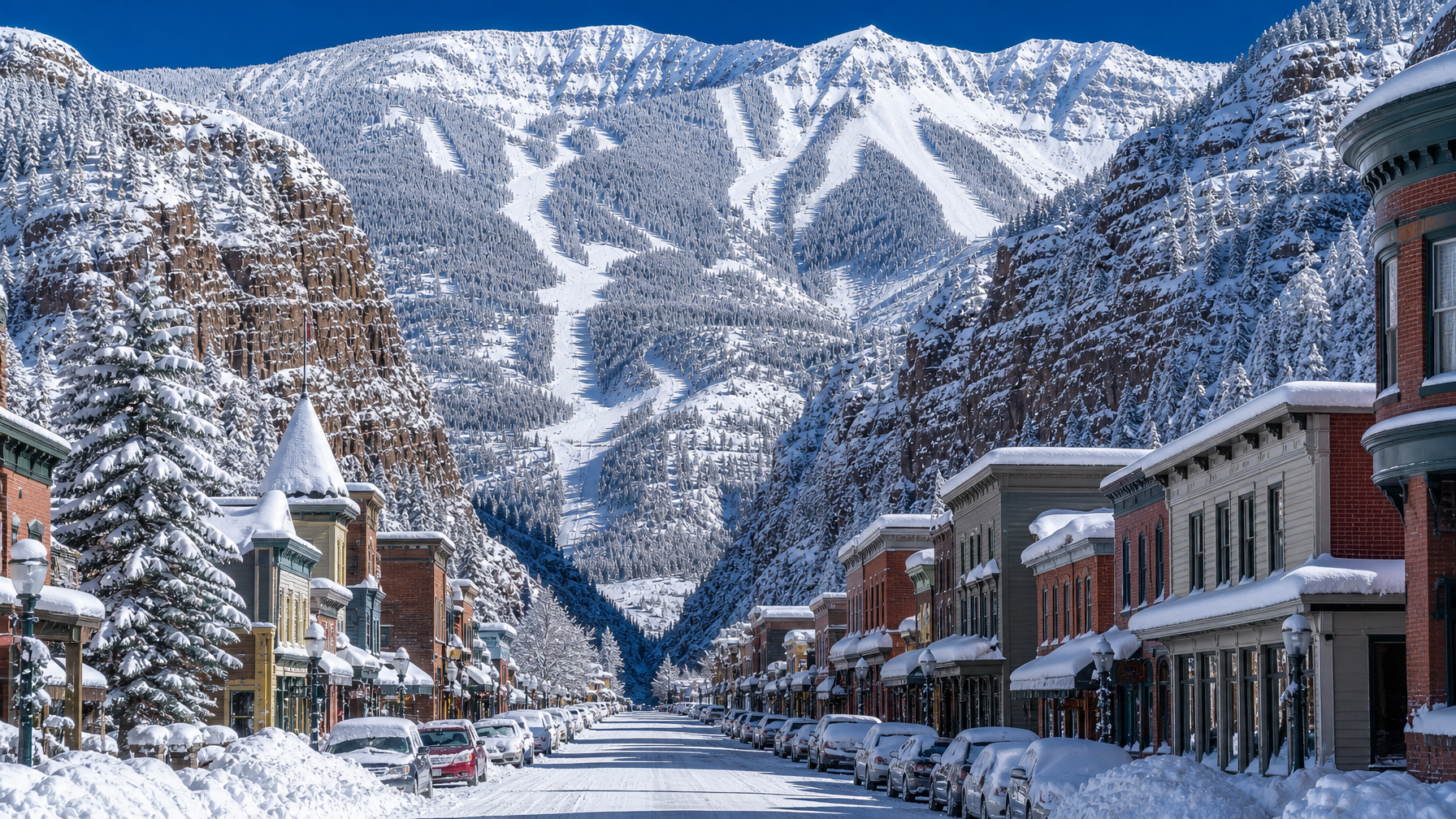 Telluride Colorado box canyon in peak winter with snowy Victorian main street and white ski mountain above town
