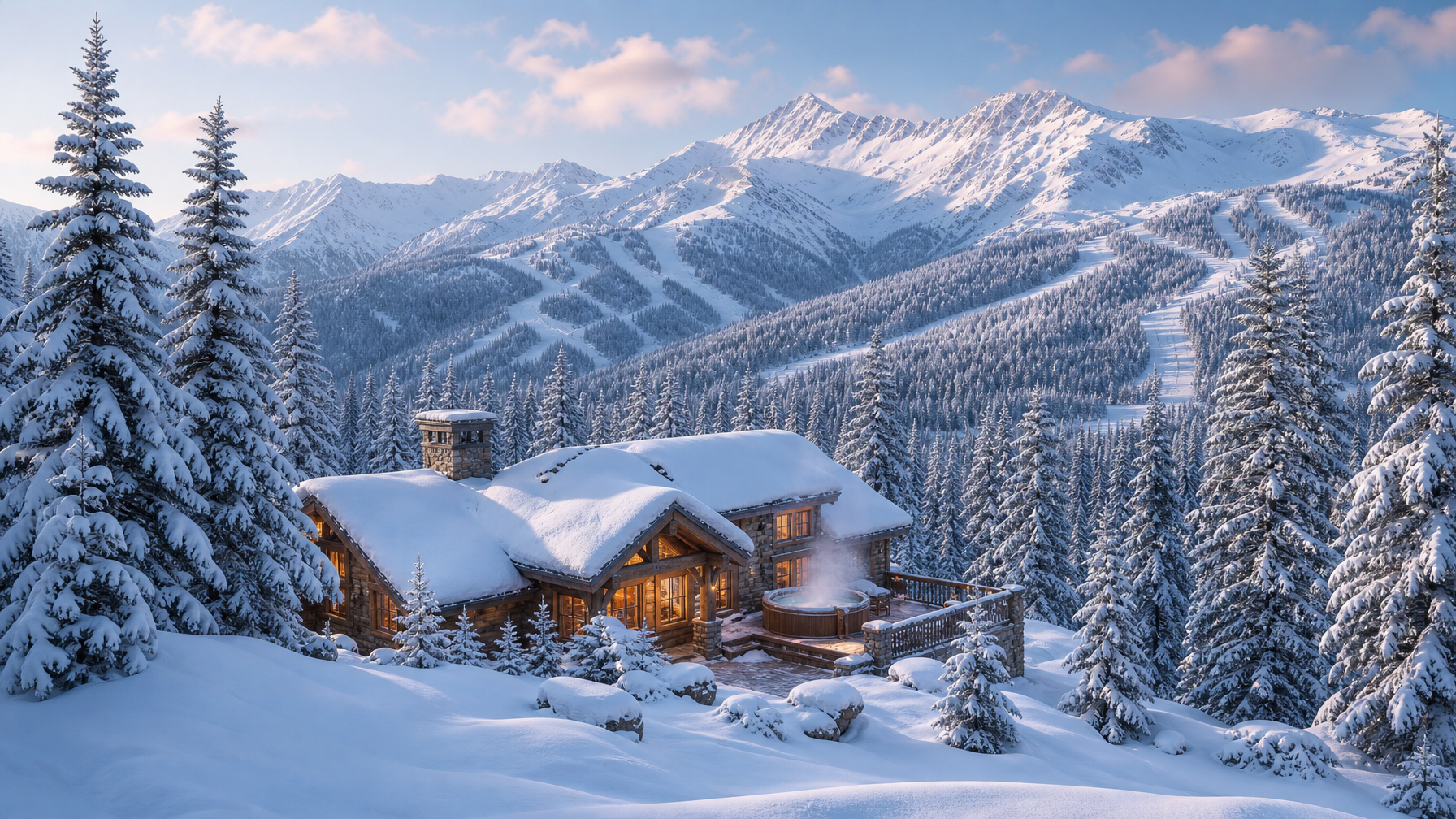 Steamboat Springs Colorado cabin with steaming outdoor hot tub, snowy meadows, and ski runs on the mountain