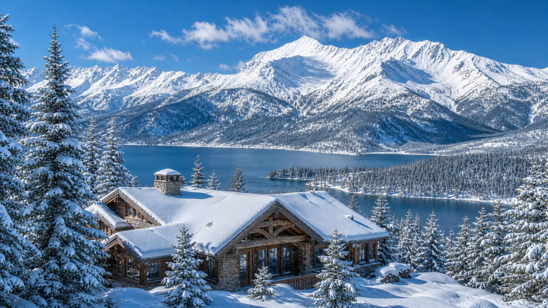Summit County Colorado snowy lake shoreline with cabin roofs and white Tenmile Range peaks for Frisco Dillon Silverthorne ski base stays