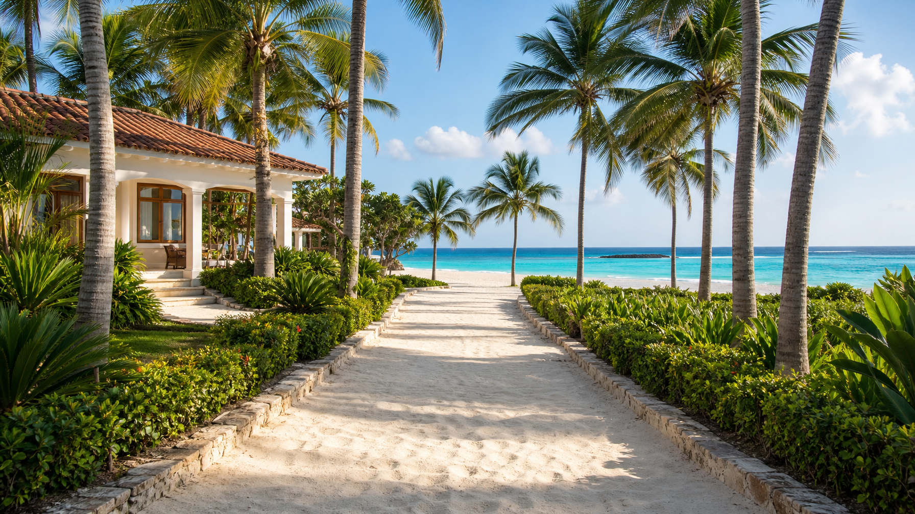 Bávaro beachfront vacation rental palm garden path to white sand
