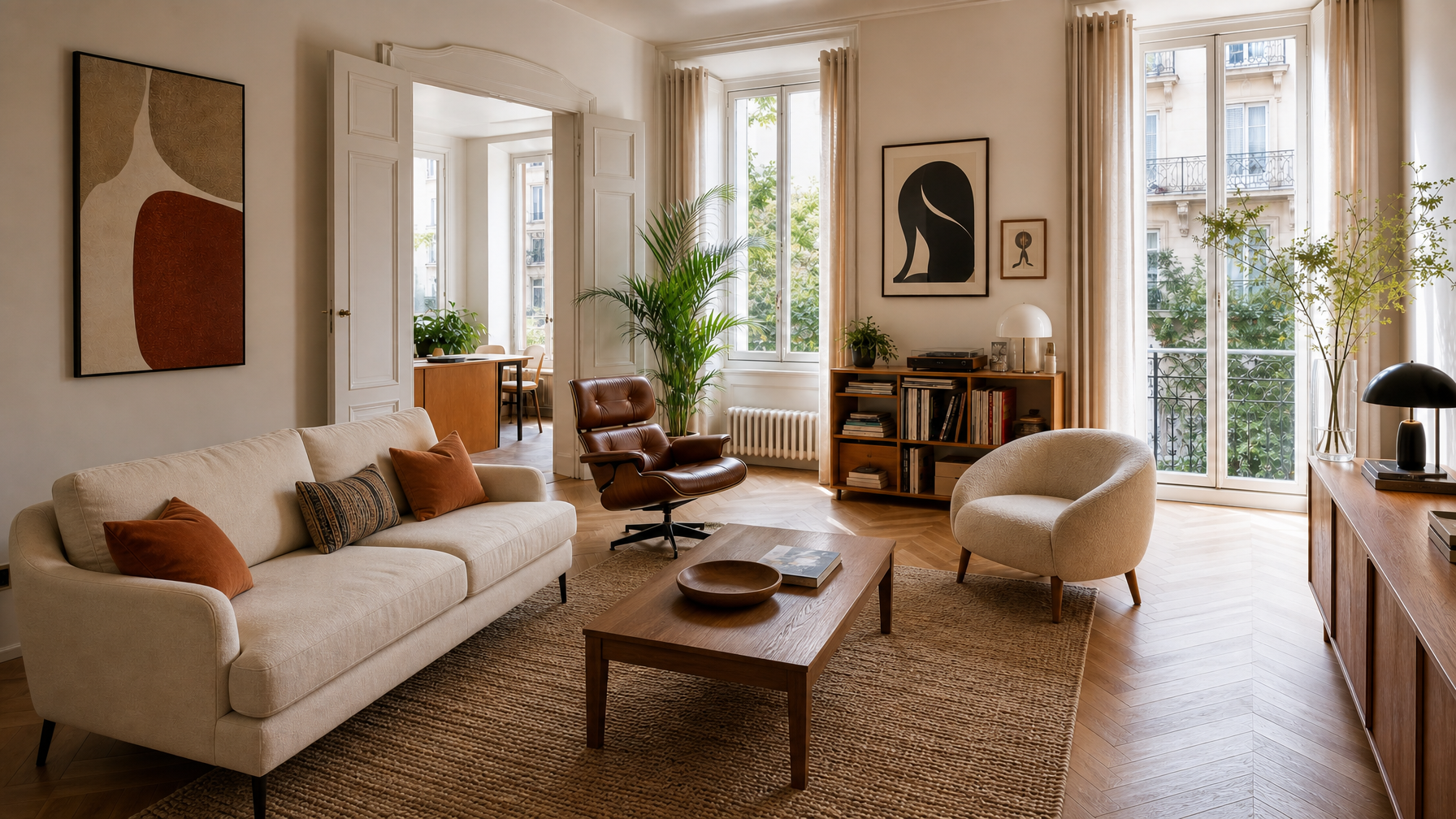Design-forward Milan vacation rental living room with modern Italian furniture and soft daylight