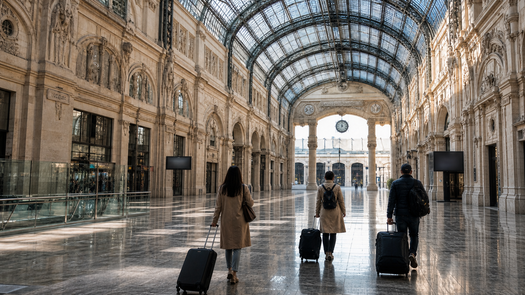 Travelers with luggage arriving under a grand Milan-style station roof