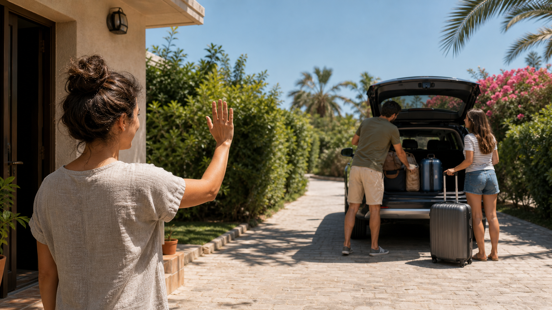 Friendly host farewell with guests at car departure after a successful vacation rental stay
