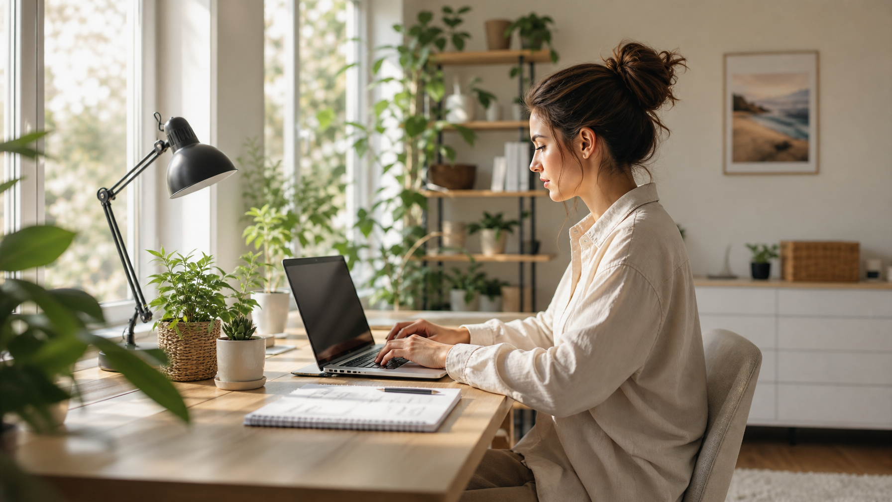Host writing loyalty email notes on a laptop in a bright home office for a vacation rental repeat guest program