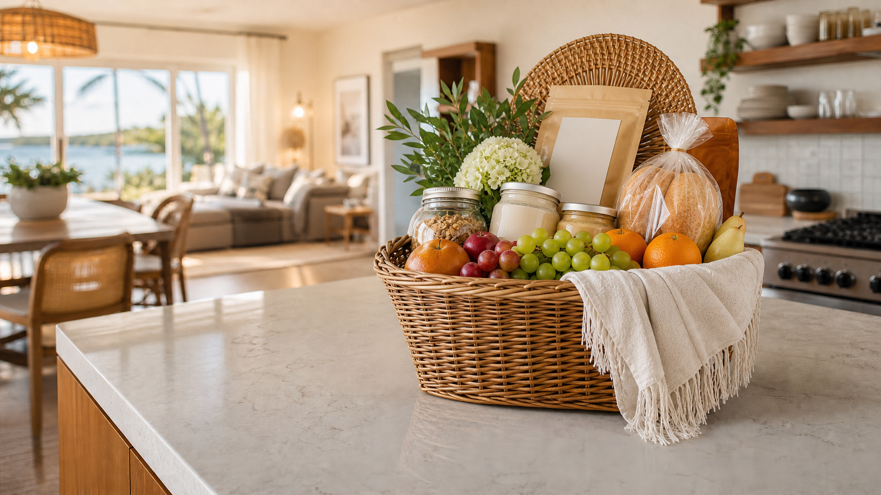 Thoughtful welcome gift basket on a vacation rental kitchen counter that starts a repeat guest loyalty program