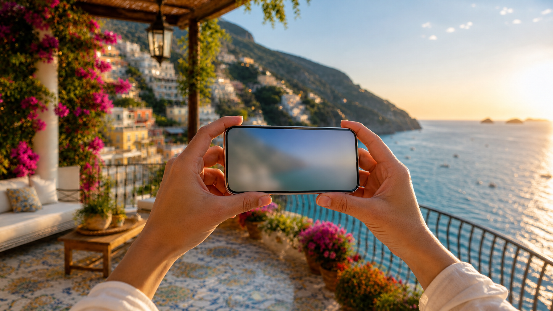 Guest holding phone comparing stay totals on a sunlit villa terrace