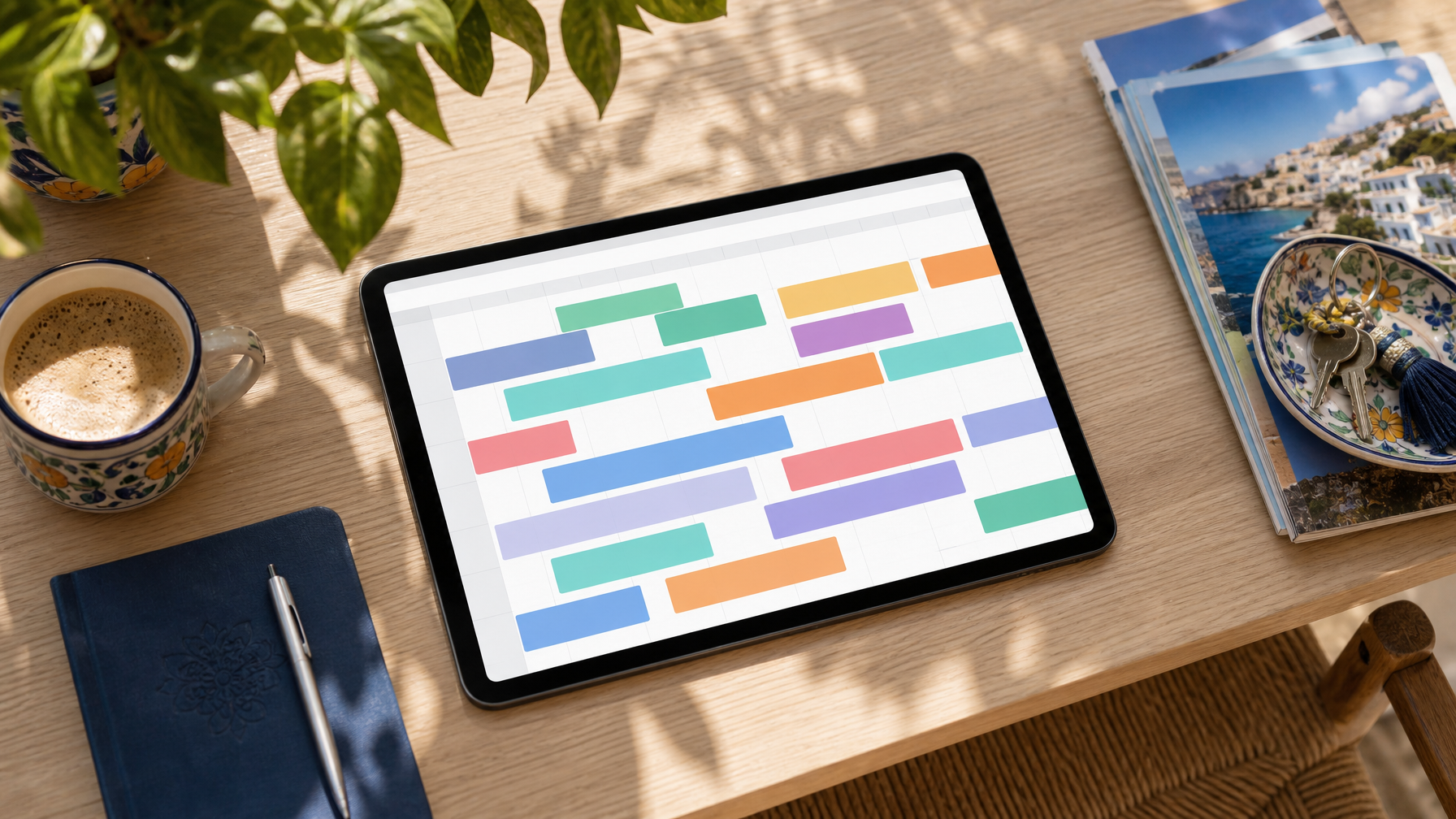 Host desk with tablet showing colorful occupancy calendar for vacation rental