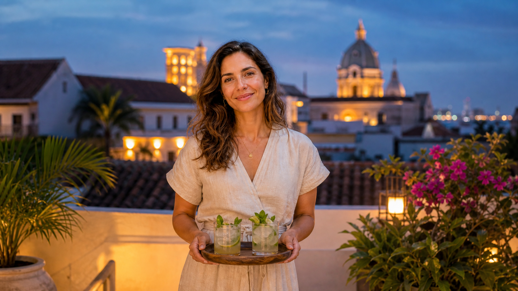 Female vacation rental host on a Cartagena colonial rooftop at blue hour welcoming guests