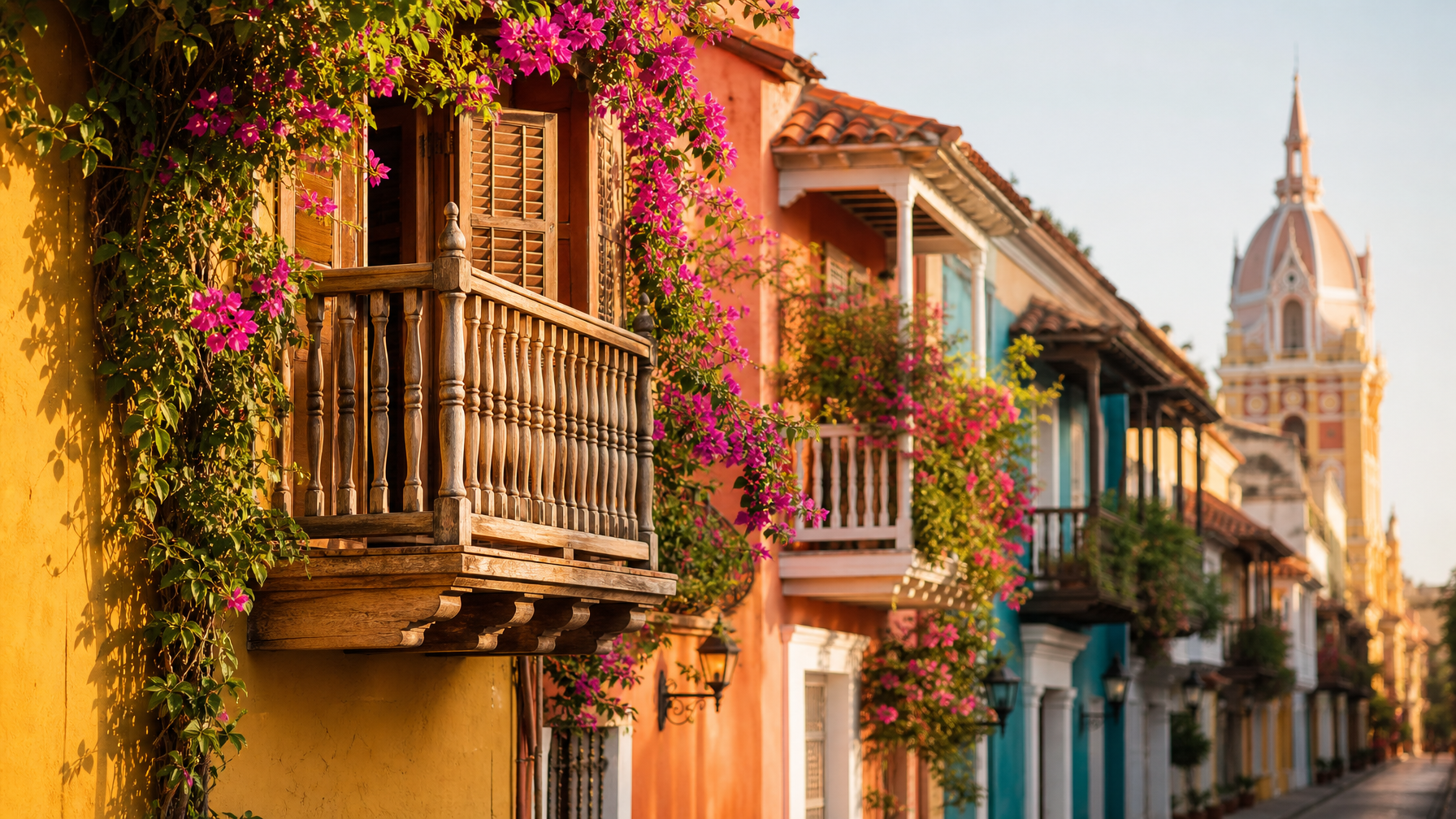 Empty wooden balcony with open shutters and bougainvillea overlooking Centro Histórico Cartagena streets