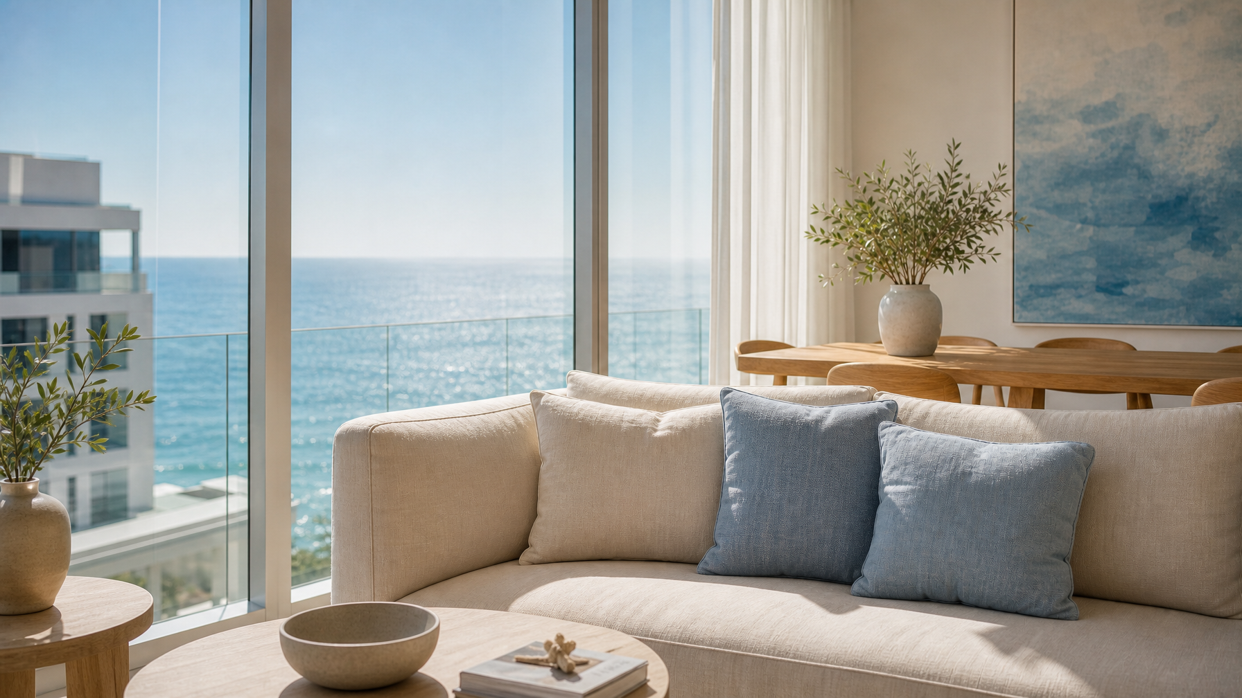 Modern Bocagrande Cartagena high-rise apartment interior with floor-to-ceiling windows and soft ocean light