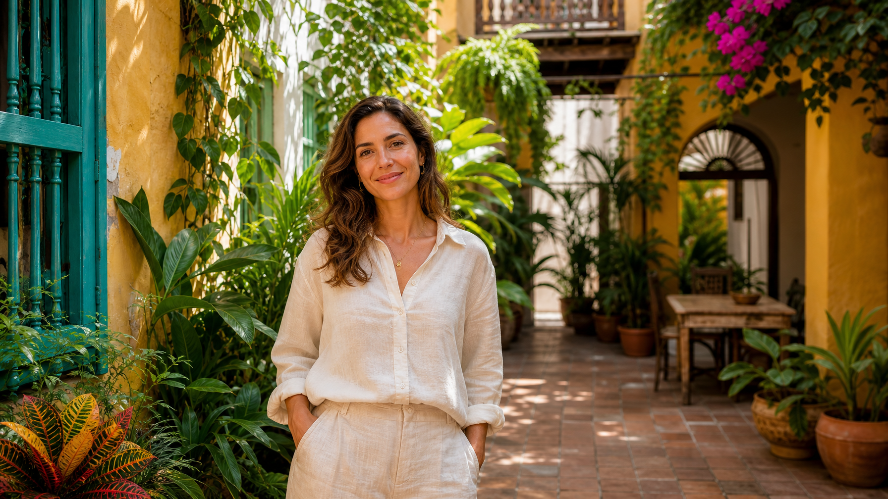 Female vacation rental host welcoming guests in a leafy Getsemaní Cartagena colonial courtyard