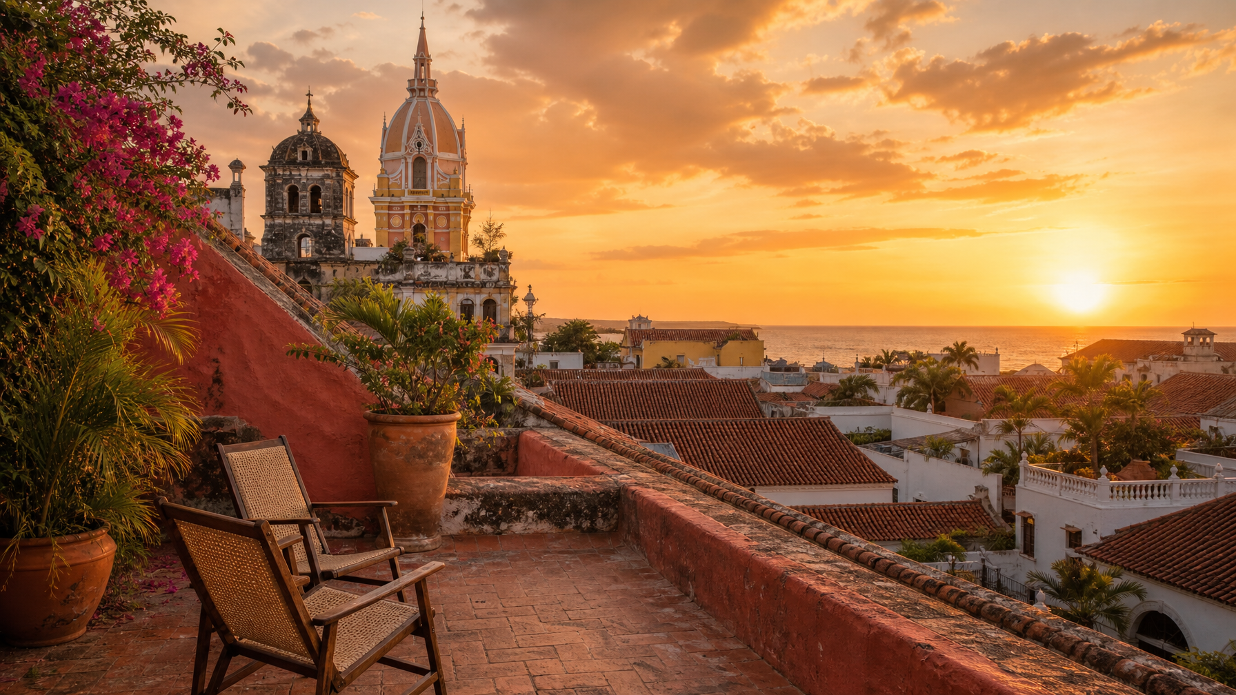 Cartagena rooftop terrace at sunset overlooking colonial terracotta roof tiles