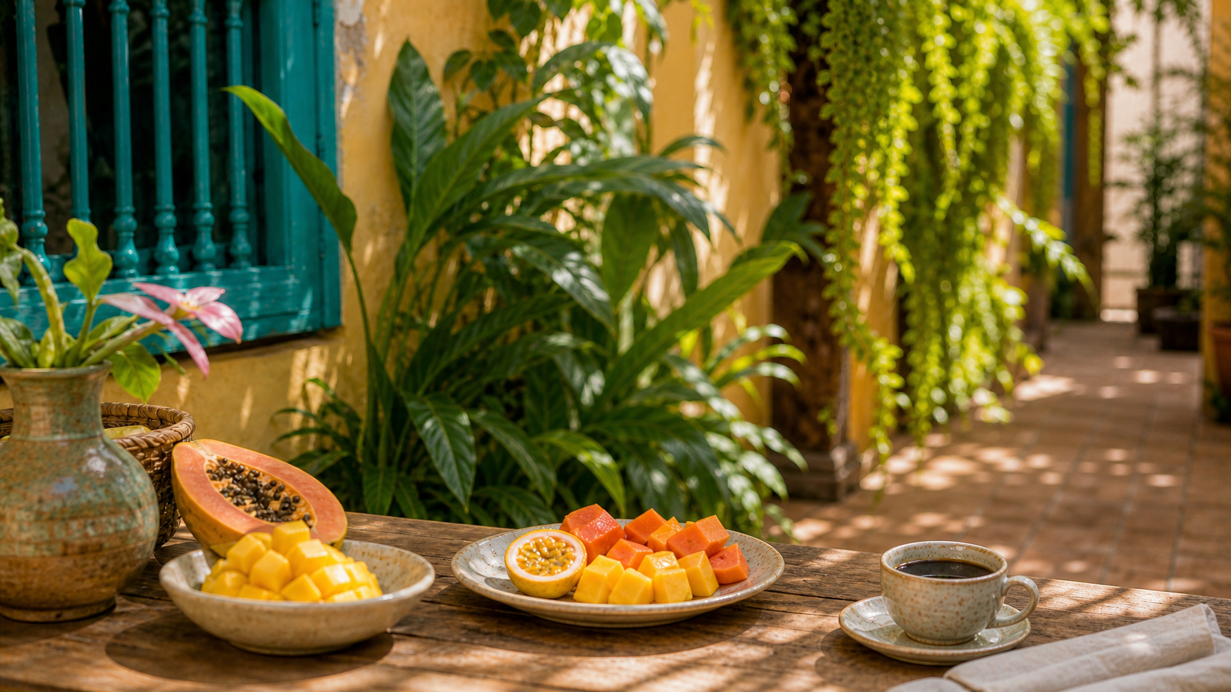Tropical fruit and coffee breakfast set on a wooden courtyard table in Cartagena vacation rental shade