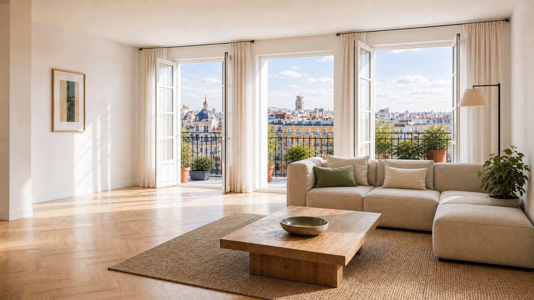 Bright, spacious Madrid vacation rental living room with floor-to-ceiling windows and a city view