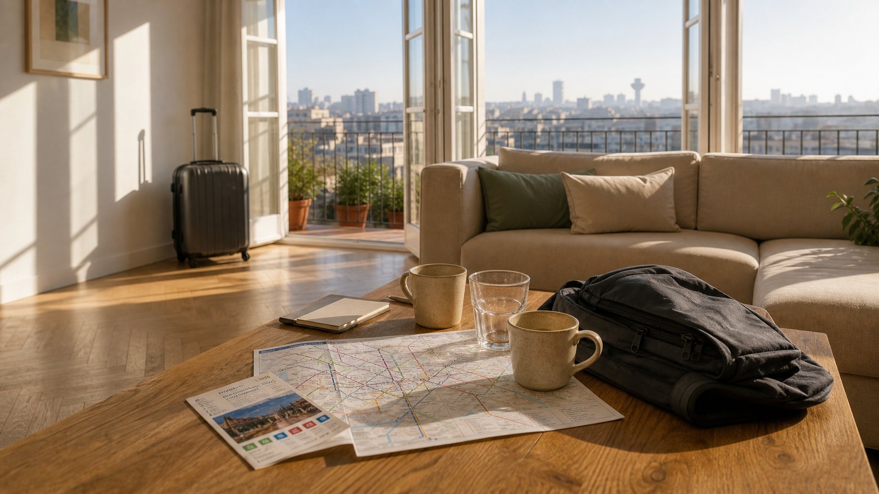 Madrid vacation rental living room ready for F1 race-week morning transit to IFEMA Madring