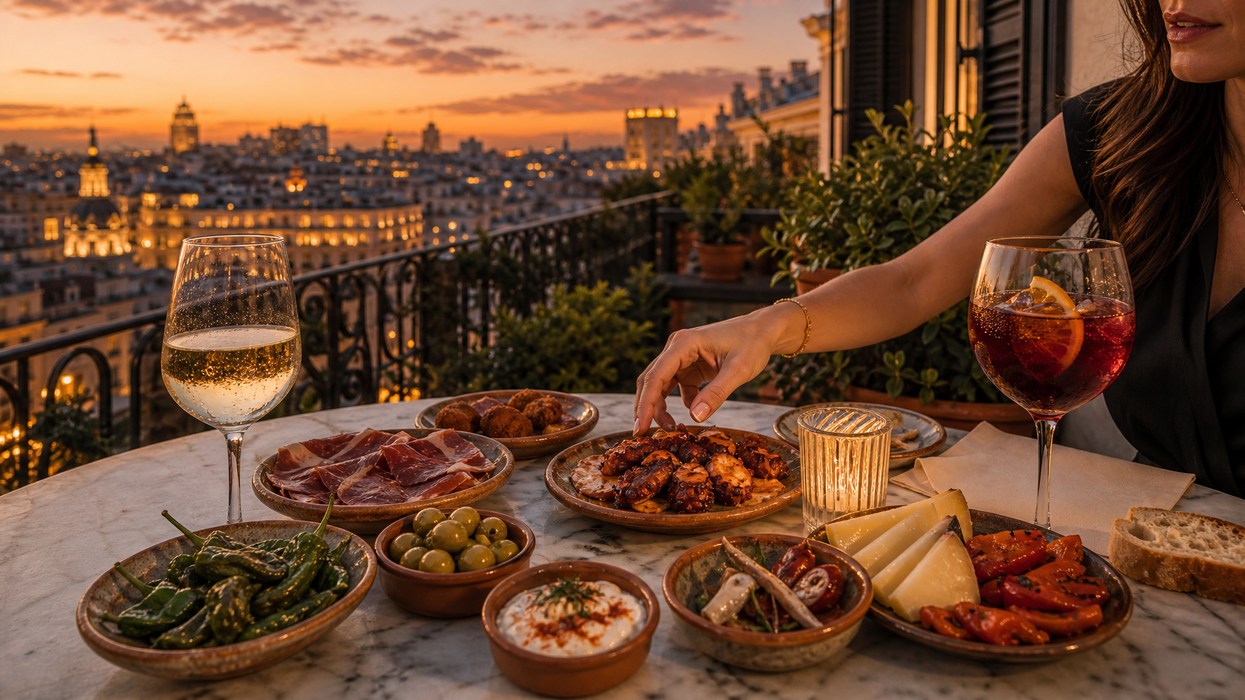 Tapas spread with wine on a Madrid rooftop terrace at sunset