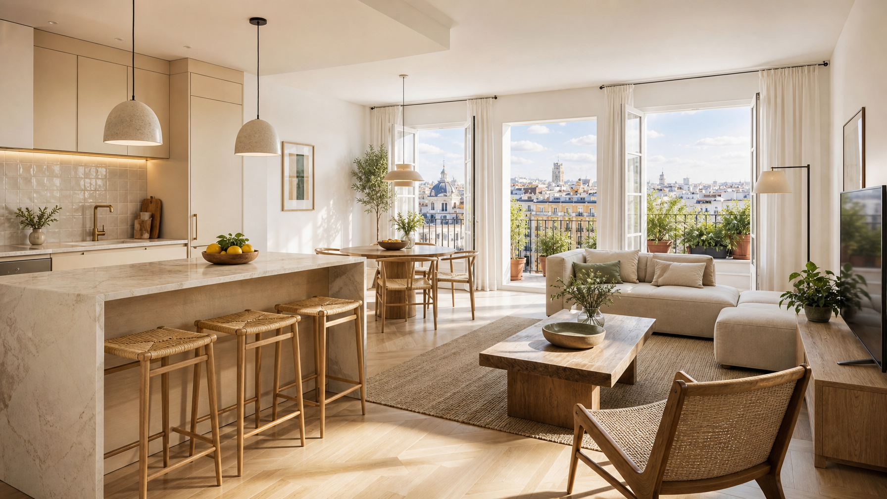 Bright modern Madrid apartment kitchen and living space near a metro-connected neighborhood