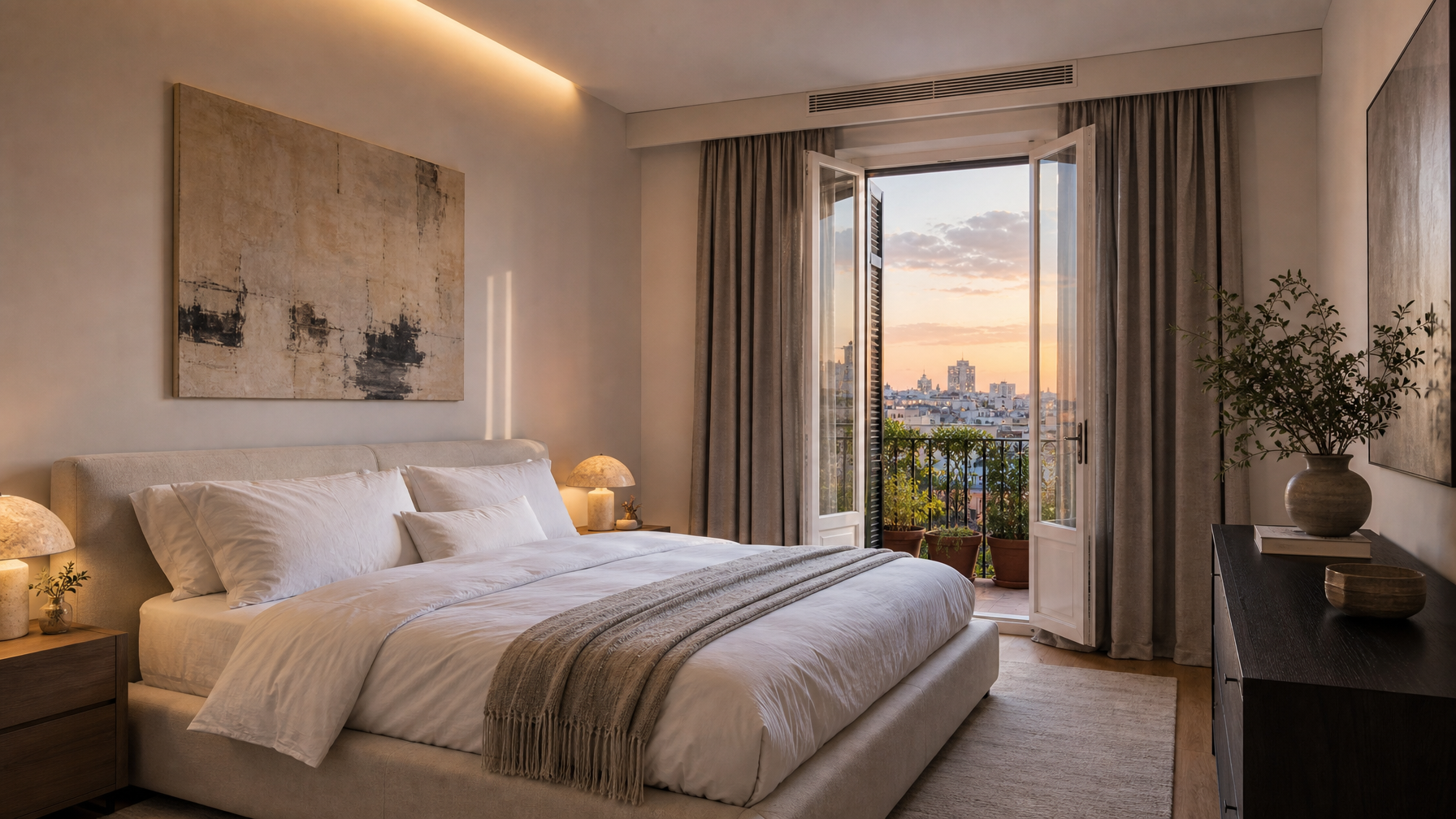 Modern Madrid bedroom with blackout curtains and air conditioning for hot September nights