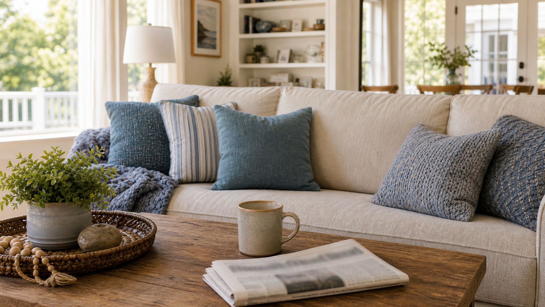 Local newspaper and coffee mug on a vacation rental coffee table in soft daylight