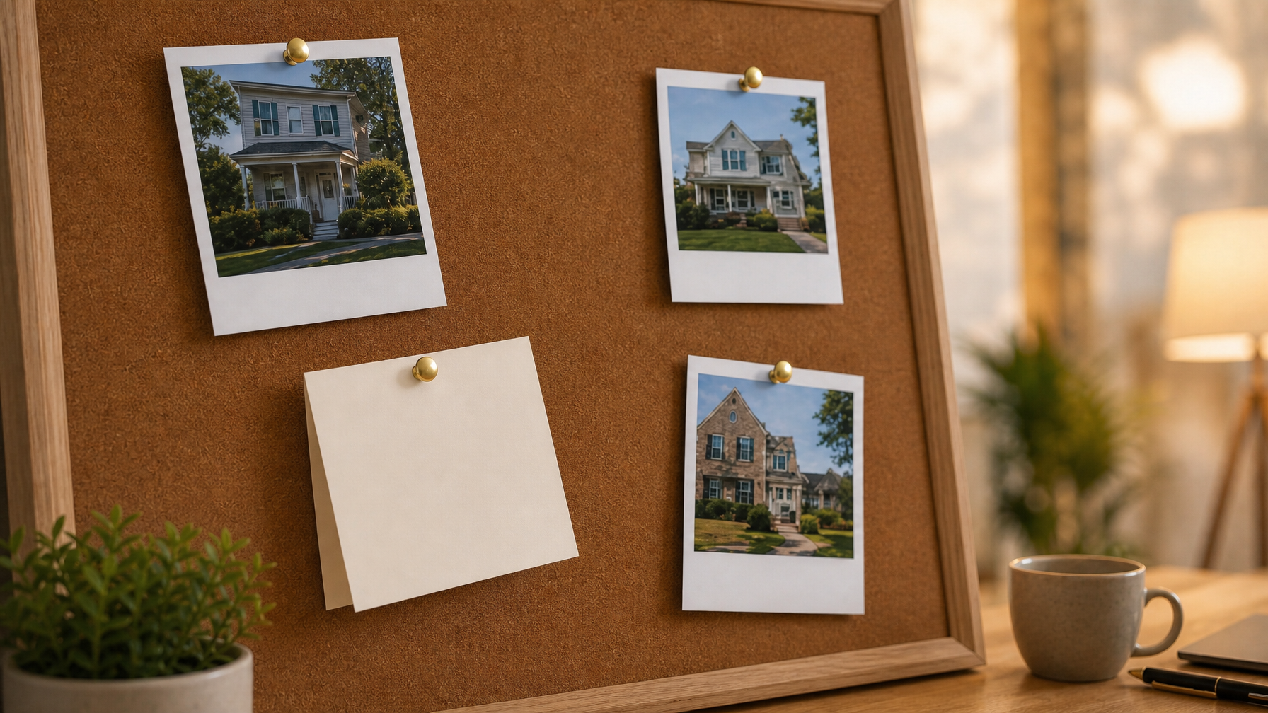 Cork board with blank thank-you card and polaroid-style property photos in a warm host office