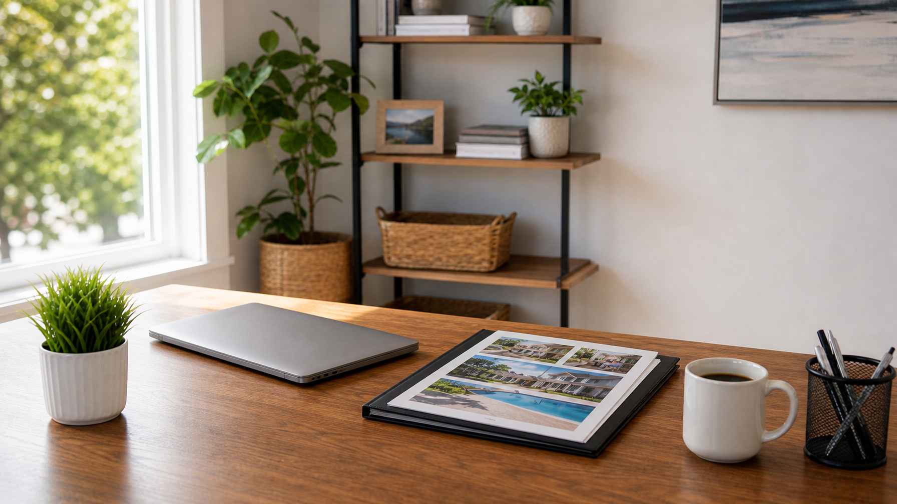 Organized host desk with media kit folder of property photos, laptop, and coffee for press prep